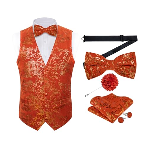 DiBanGu Mens Velvet Dress Waistcoat 6PCS Metallic Paisley Printed Suit Vest and Bowtie Set with Lapel Pin for Suit or Tuxedo