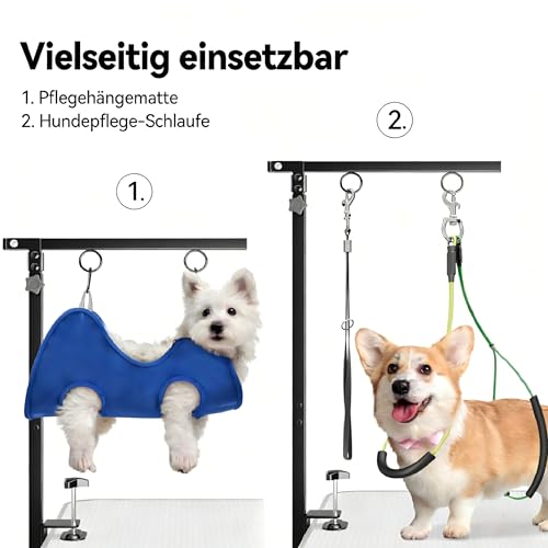 Faltbarer Hundepflegetisch-Arm mit Tischklemme – Höhenverstellbar 66–102 cm, Grooming-Arm mit Hängematte & Anti-Sitz-Schlaufe, Hunde-Fixierung für kleine & mittelgroße Hunde, Zuhause oder Salon