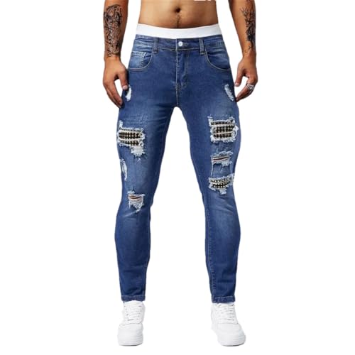 Men Ripped Rivet Hip-Hop High Street Motorcycle Denim Trousers Male Stretch Slim Fit Trousers