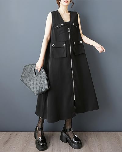 ellazhu Women's Dress V-Neck Zip Up Pocket Solid Sleeveless Flowy Hem Casual Fashion Summer GZ546 A4