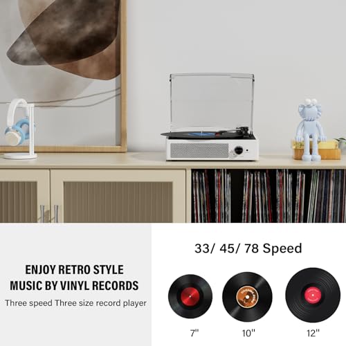 Image of Record Player with Speakers Vintage Belt-Driven Turntable Bluetooth 3 Speed 3 Size Wireless Playback AUX-in RCA Out Headphone LP Vinyl Players Auto Stop Fashion White