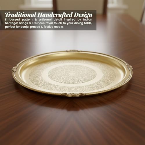 Image of cWc Pure Brass Itching Dinner Set - 70-Piece Traditional Indian Thali Set with Brass Plates, Bowls, Glasses, Spoons, Forks, Serving Handi, Jug & Tray | Premium Handcrafted Tableware