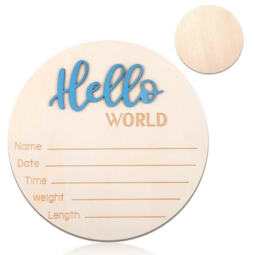 Wooden Baby Announcement Sign, 5.9 Inch Hello World Newborn Sign, Hospital Birth Stat Plaque, Hospitals, Homes, Nurseries, Suitable for Newborn Boys and Girls, Birth Souvenir (Blue)