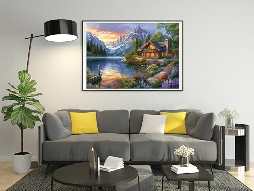 Image of Moohue Needlepoint Kits 14ct Counted Cross Stitch Kits for Adults Mountains Lake Printed Stamped Cross Stitch Patterns Kits Cross Stitch Supplies (Mountains Lake House)