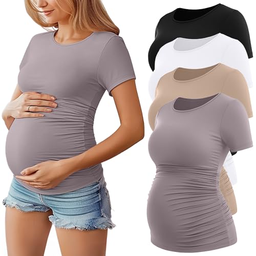 La Mejor Lista de Ropa premamá para Mujer disponible en línea para comprar. 48 Huukeay - Paquete de 4 camisas de maternidad para mujer, cuello redondo, playera de maternidad de manga corta, casual, playera de algodón fruncida, ropa de embarazo, Negro, morado...