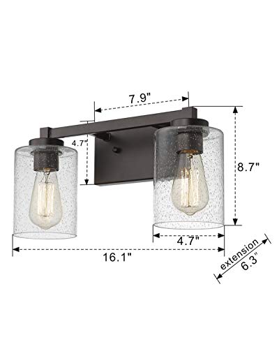Image of Beionxii 2 Light Bathroom Vanity Lights, Vintage Wall Sconce Oil Rubbed Bronze with Clear Seeded Glass 16 inch W x 8.75 inch H - MB9002-2
