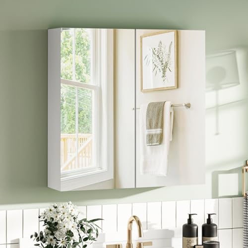 BELIWIN Wall-Mounted Mirror Cabinet White, 2-Door Mirrored Storage Cupboard, Adjustable Height Shelves Storage Unit (60 x 60 x 15 cm)