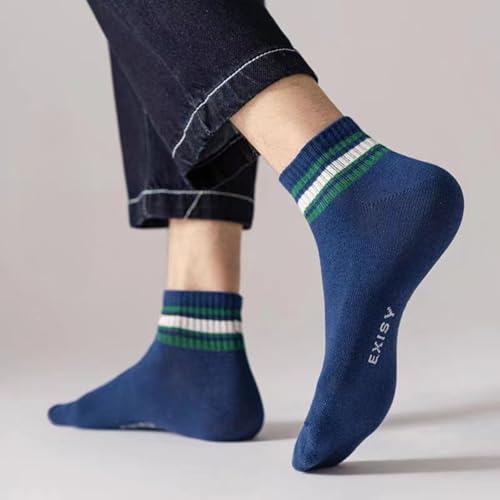 5 Pairs of Men's Ankle Socks, Summer Thin Breathable Cotton Socks, Trendy Striped Sports Socks, White & Blue2