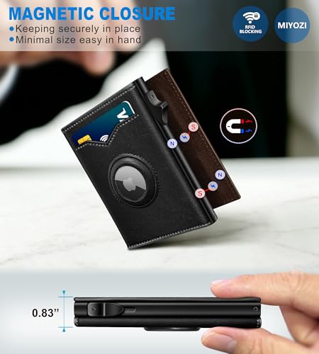 Image of miyozi Airtag Wallet for Men,with Cash Pocket 2 ID Window 9-12 Cards,Metal Case Smart Slim Pop Up Credit Card Holder Flip with Magnetic Closure RFID Blocking Trifold wallet with Gift Box