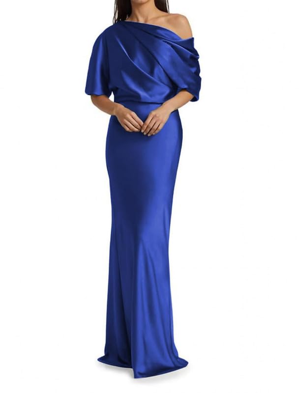 Image of Mermaid Satin Mother of The Bride Dresses for Women Ruched One Shoulder Formal Evening Gowns