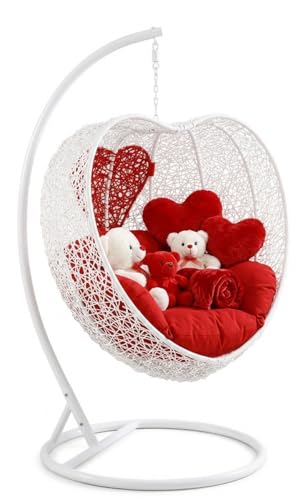 Image of Hindoro Rattan Wicker Wrought Iron Single Seater Swing Chair with Stand & Cushion & Hook Outdoor || Indoor || Balcony || Garden || Patio || Living Outdoor Furniture (White with Red, Unique Shape)