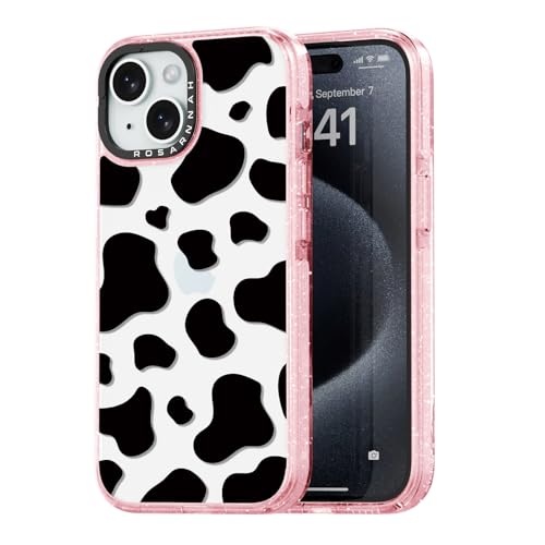 Coque iPhone 15 antichoc contre les chutes - Solution durable motif vache rose pailleté