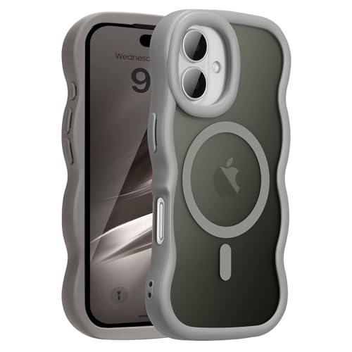 UEEBAI 対応 iPhone 16 用の ケース 透明 TPU ウェーブデザイン スマホケース クリア 可愛い 人気 おしゃれ ケース MagSafe対応 薄型 軽量 耐衝撃 波型 バンパー スマホケース - グレー