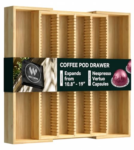 WELL WENG Larger Expandable Bamboo Organizer Holder for Counter Drawer Insert - Compatible with Nespresso Vertuo Capsules - Tea Bags Storage (Natural) 10.8' -19'W x15.67'Dx1.9'H