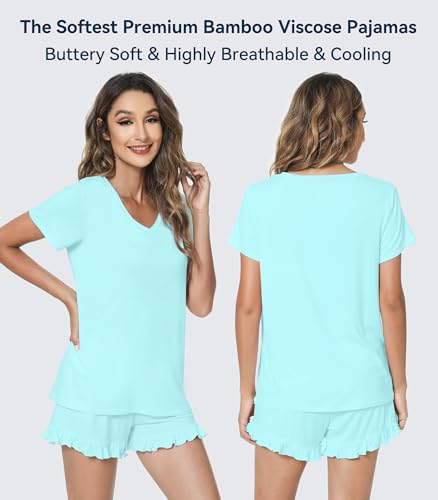 Image of WiWi Womens Pajamas Set Bamboo Viscose Super Soft Short Sleeve Top Ruffle Shorts Sleepwear Cooling Pj Sets S-XXL