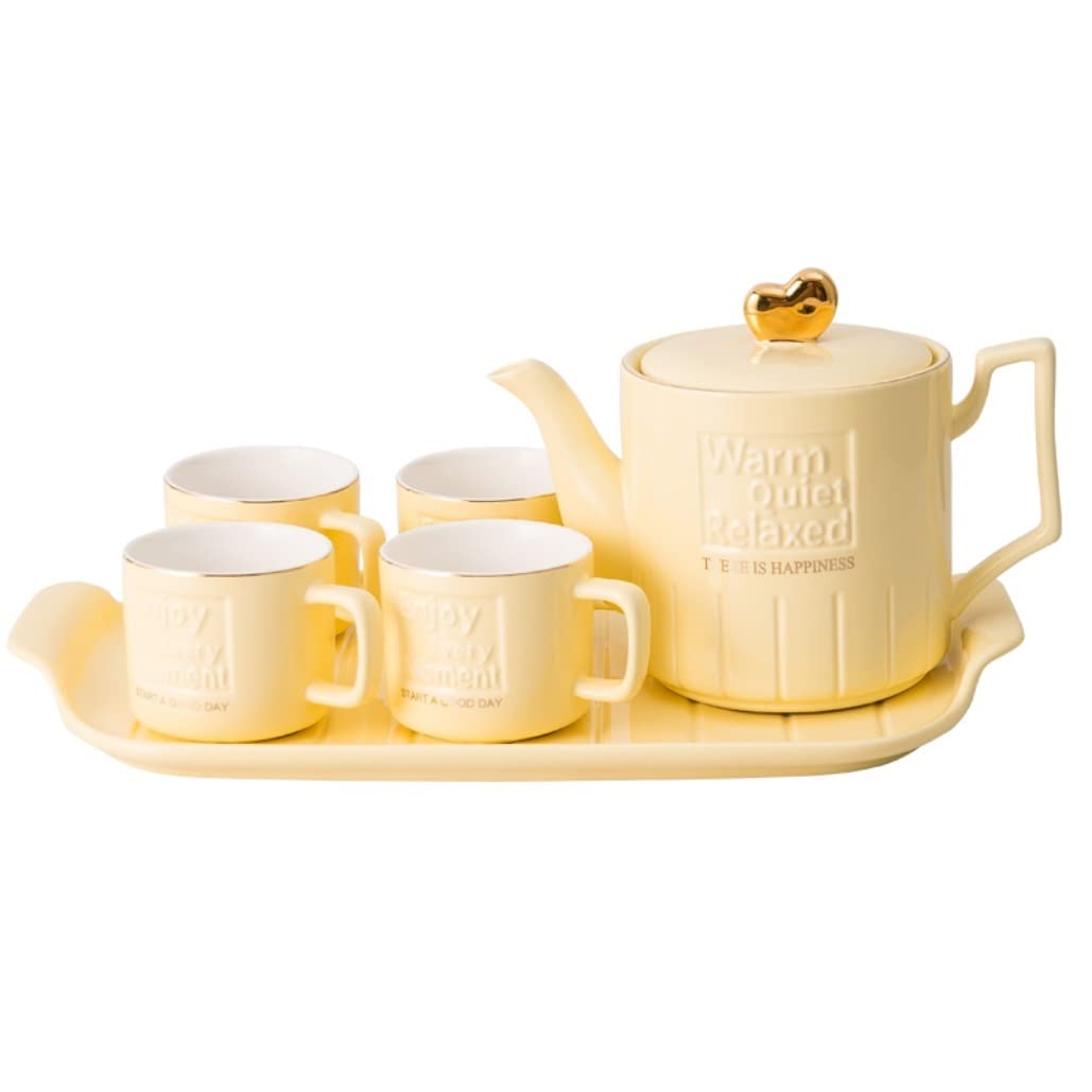 DANNMPX Tea Set 6 Pieces Nordic Style Tea Set Ceramic Drinking Ware Afternoon Cup Kettle With Tray Teacup Teapot And Cups(Yellow)