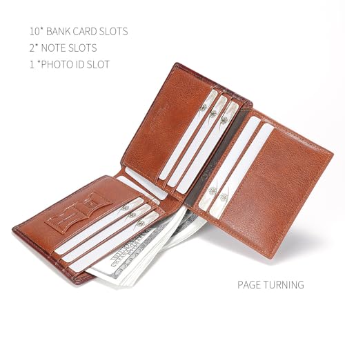 Image of Mens Trifold Leather RFID Blocking Wallet with 2 ID Windows 2 Cash Compartments 6-8 card slots 2-3 inside slots Large Capacity Wallet