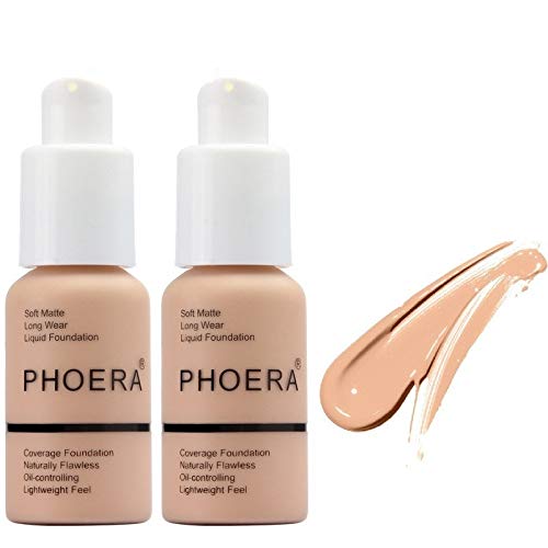 2Pack PHOERA Foundation ,Full Coverage Foundation, Concealer Foundation Full Coverage Flawless New 30ml PHOERA 24HR Matte Oil Control Concealer (103 Warm peach)