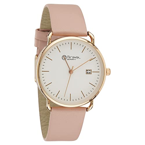 Miraval Moderne Design Damenarmbanduhr mit Datumsanzeige 36 mm Breites Lederarmband 18 mm Quarzuhr Japanisches Quarzuhrwerk Großes Zifferblatt Damenuhr Frauen Extra Dünn