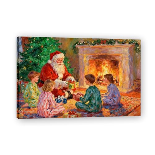 Distributing Gifts With ChildrenArtistic Christmas Impression Print, Watercolor Brush Stroke