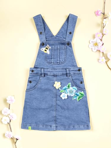 Image of KiddoPanti Girls Solid A-Line Fit Pinafore 5 Pocket Denim Dungaree Skirt