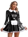 YiZYiF Women's PVC Wet Look Leather French Maid Costume Crop Top Mini Skirt Set Party Fancy Dress Black A Small