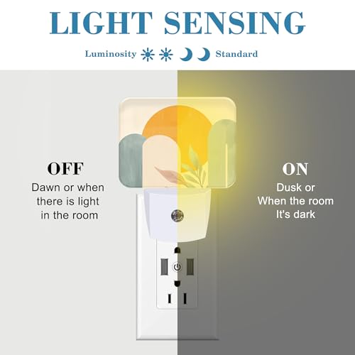 Image of Boho Sun and Leaves Night Light Plug into Wall, Bohemian Abstract Art Night Light with Dusk to Dawn Sensor for Kid Girls Boys Women Men Room, Hallway, Kitchen, Bathroom, Stairs Decor