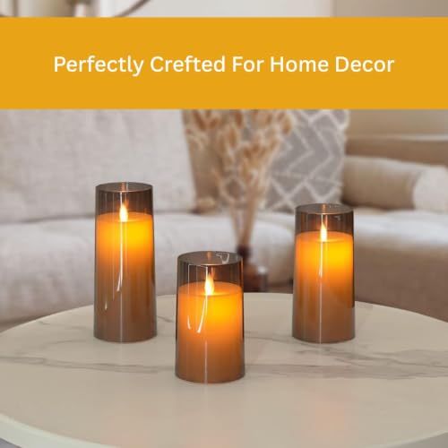 Image of LTETTES Flameless LED Electric Candles with Acrylic Grey Glass and Dancing Faux Wick | Set of 3-4 inch,5 inch,6 inch x 3 inch Diameter| AA Battery Powered with Remote Controller and Timer for Home Decor