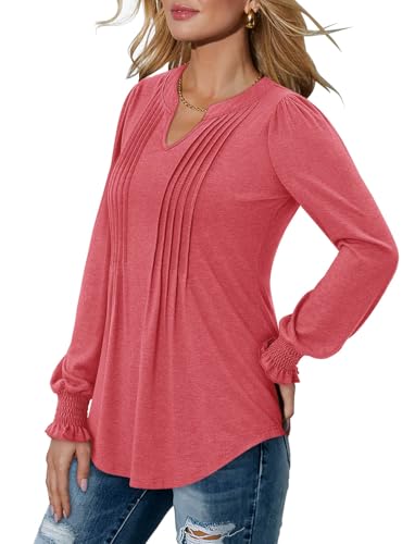 BETTE BOUTIK Long Sleeve Shirts for Women Fall Tops Dressy Blouses Pleated V Neck Tunic Tops for Leggings S-3XL