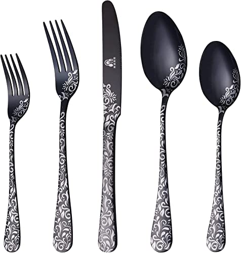 20-Piece Flatware Set, Shuchengmaoyi Stainless Steel Silverware Cutlery Set For 4, Unique Pattern Design, Dishwasher Safe (Black) #TOP11