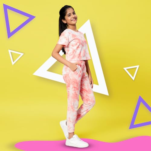 Image of TeenTrums Tie Dye Black Co-ord Set with Boat Neck Tshirt & Joggers, 100% Cotton, Fashion for Youth, Stylish Teen Fashion Collection, Tie Dye Set of Top & Bottom for Girls, Age 05 to 16 Years