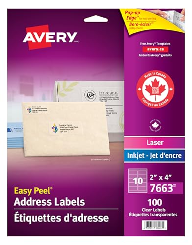 Avery Clear Shipping Labels with Easy Peel for Laser and Inkjet Printers, 2" x 4", Glossy Clear, Rectangle, 100 Labels, Permanent (7663) Made in Canada image 3