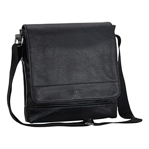Kenneth Cole Reaction Grand Central Tablet Messenger Pebbled Vegan Leather Shoulder Case Crossbody Day Bag For School, Work, Travel, Black,Black Tablet Satchel