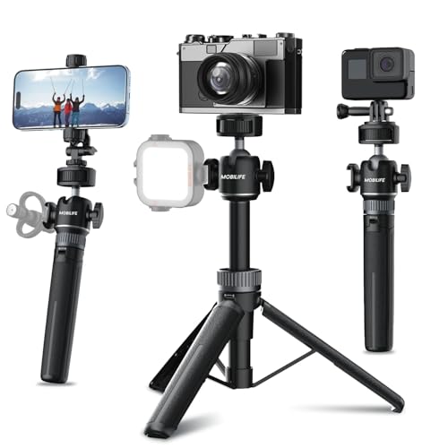 Image of Mobilife Small Camera Tripod Multifunctional Vlog 2 in 1 Tripod Stand with Cold Shoe for Mirrorless /Action Camera Phone 360 Rotation Aluminum Extendable Stand for YouTube Live Stream Travel