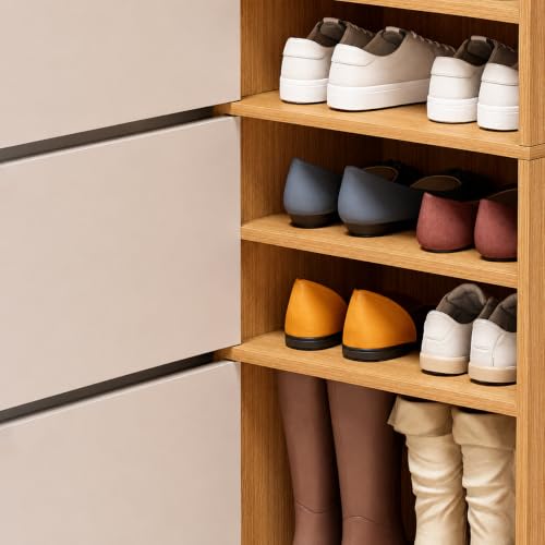 Image of 4-Door Engineered Wood Shoe Rack, 11-Tier Wooden Shoe Rack for Entryway, Shoe Storage Cabinet with Doors Adjustable Shelves, Wooden Shoes Rack Organizer - NEW (Mapple, 7 - Layer)