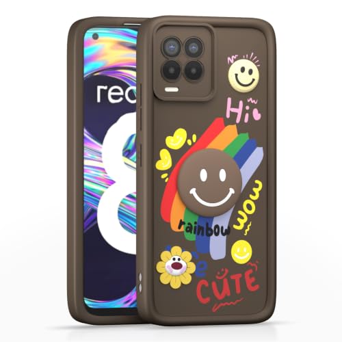 Image of Pikkme Back Cover for Realme 8 4G / 8 Pro | Soft Silicone| Cute Rainbow Smile & 3D Cartoon Flower Design | Shockproof Raised Camera Protection Bumper Case (Brown)