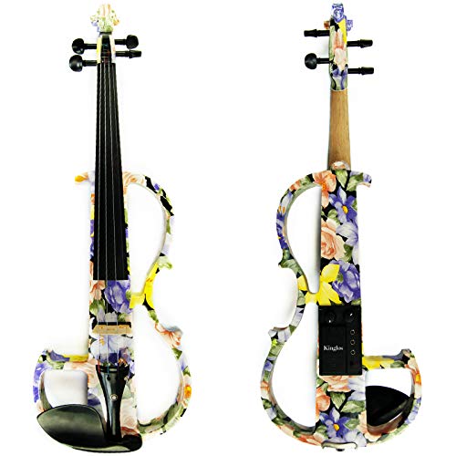 Image of Kinglos. Visual-Art Advanced Electric Violin 4 /4 Full Size Ebony Fittings | Kit Incl. Case Bow Shoulder Rest Aux Cable Spare Bridge Strings - Solid Wood Purple Silent Violin Set for Adults Beginner