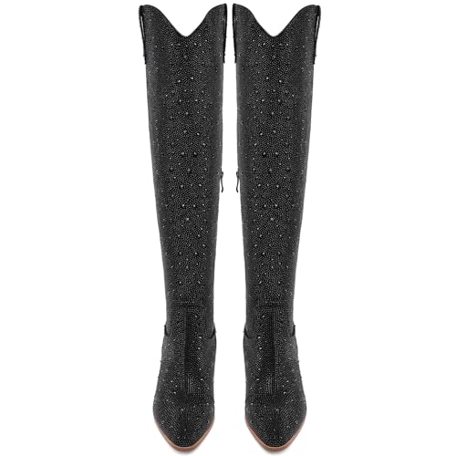 Women Rhinestone Over the Knee Cowboy Boots, Sparkly Bling Cowgirl Boots Western Thigh High Boots Pull-On Side Zippers Chunky Heel Pointed Toe Size5-12 For Fashion&Daily3