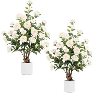 2 PCS 3.3FT Artificial Camellia Trees, White Faux Camellia Plant in Pot