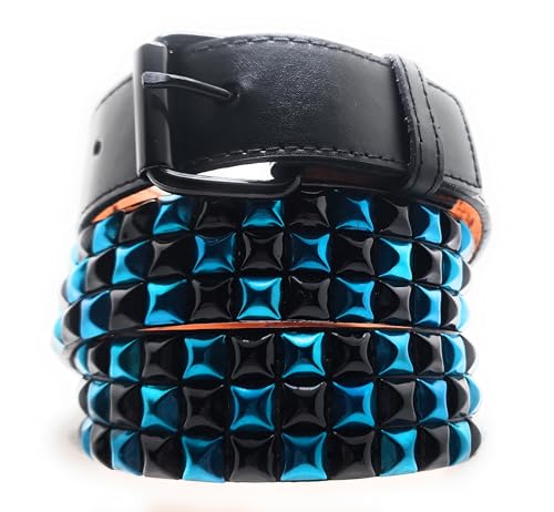 Handmade Sky Blue and Black Checker Pyramid Studded Stitched Leather Belt Punk
