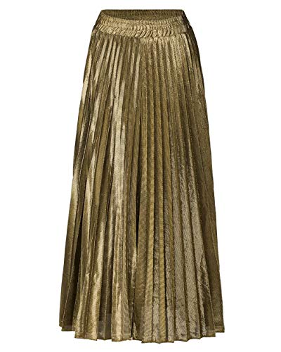 ThusFar Women's Pleated Skirts Sparkle Glitter Metallic Elastic Waist Accordion A-Line Swing Party Long Maxi Skirt Gold M