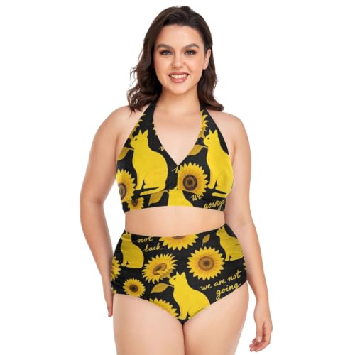 Bikini triangular de cintura alta con soporte ajustable y diseño de gato y girasoles
