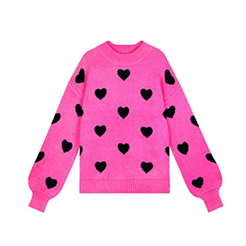 Image of Cute Sweaters for Women Girls Lovely Heart Printed Loose Casual Oversized Sweaters Crewneck Long Sleeve Pullover Knit Top (as1, Alpha, m, Regular, Regular, Standard, Hot Pink, Medium)