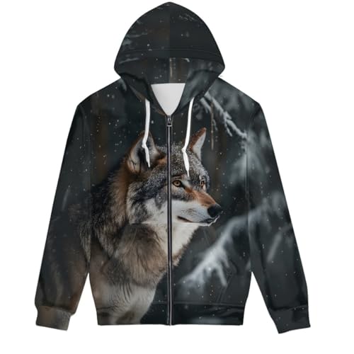 GLUDEAR Herren-Kapuzenpullover, cooler Wolf, 3D-Digitaldruck, durchgehender Reißverschluss, Schneewolf, X-Large