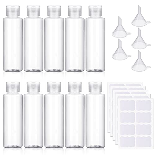 BOWINR 10 PCS 3.4oz Clear Travel Bottles 100ml Empty Transparent Squeeze Bottles with Flip Cap with Labels Leak Proof Plastic Travel Bottles for Shampoo, Conditioner & Lotion