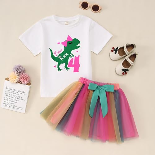 SOFEON Toddler Baby Girl Birthday Cake Smash Outfit T-Rex Dinosaur Short Sleeve T-Shirt Colourful Tutu Skirt Set 1-6Y2