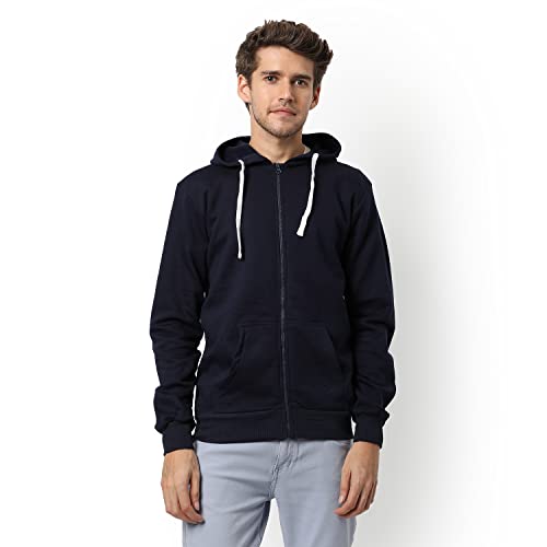 Image of CAHOOT Men's Dark Blue Zip-Front Hoodie with Contrast Drawstring for Casual Wear | Long Sleeve | Hooded Neck | Zipper Closure | Cotton Sweatshirt Crafted with Comfort Fit for Everyday Wear