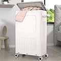 HAIXIN HOME Slim Laundry Hamper with Lid, 50L Plastic Tall Laundry Basket with Wheels, Compact Size for Narrow Space, Rolling Laundry Cart with Handle for Easy Transport to Laundry Room
