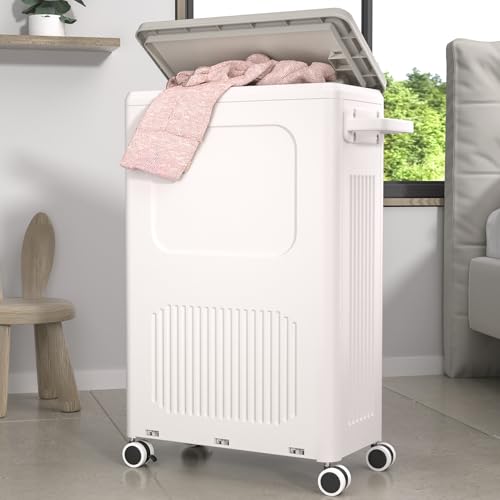 Image of HAIXIN HOME Slim Laundry Hamper with Lid, 50L Plastic Tall Laundry Basket with Wheels, Compact Size for Narrow Space, Rolling Laundry Cart with Handle for Easy Transport to Laundry Room