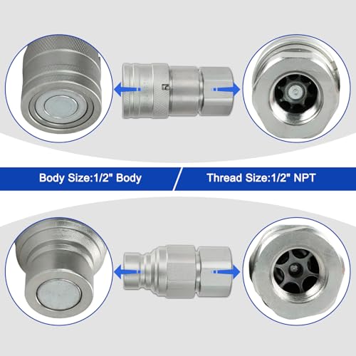Image of 1 /2 inch Body & 1 /2 inch NPT Hydraulic Quick Connect Fittings Thread Set, Flat Face Hydraulic Couplers with Dust Caps, High Flow Skid Steer ISO 16028 Hydraulic Fittings
